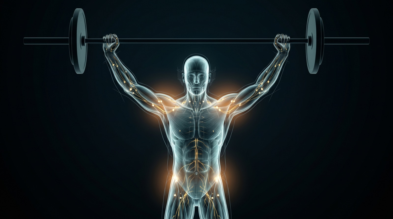 Translucent x-ray anatomical figure in an explosive overhead barbell lockout, teal-blue musculature and gold nerves with a warm amber glow through the shoulders and lower back, on a black background