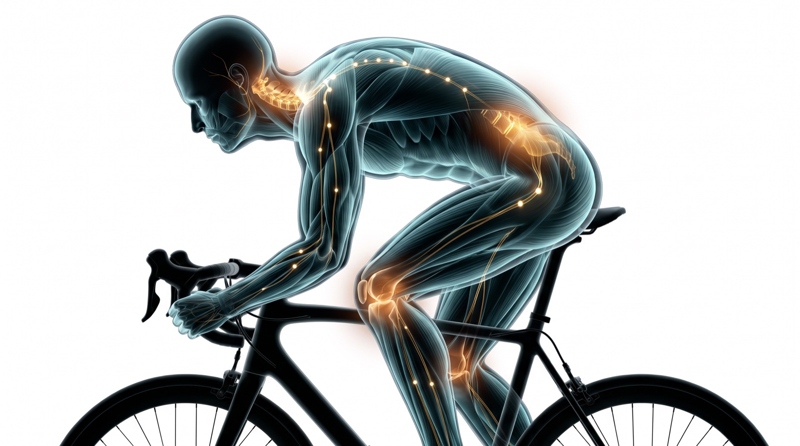 Translucent x-ray anatomical figure in a road-cycling posture leaning over handlebars, teal-blue musculature and gold nerves with a warm amber glow through the neck and lower back, on a black background