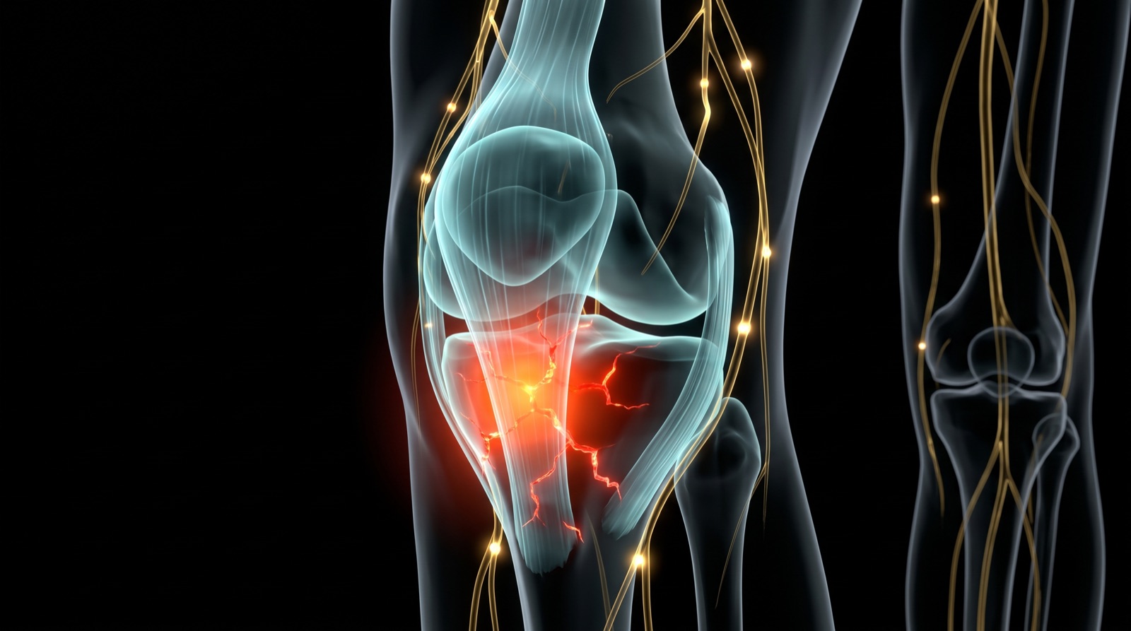 X-ray style anatomical render of the front of the knee with an inflamed red glow, teal-blue tissue and gold nerves on black