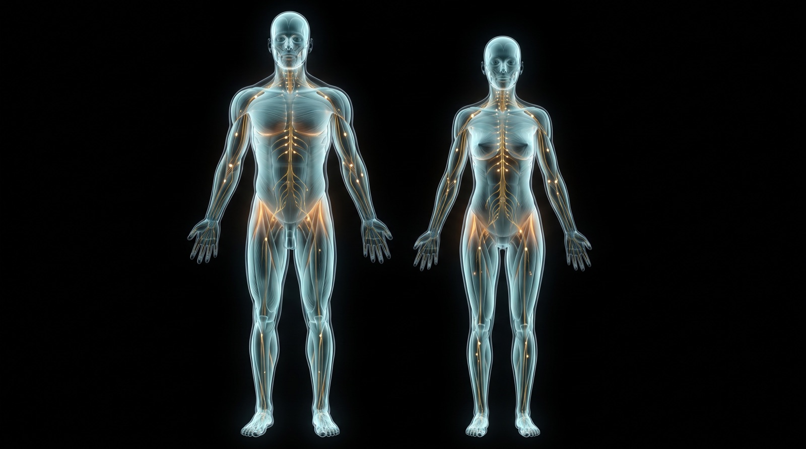 Translucent x-ray full-body anatomical figure, teal-blue musculature and gold nerves with a warm amber glow, on a black background