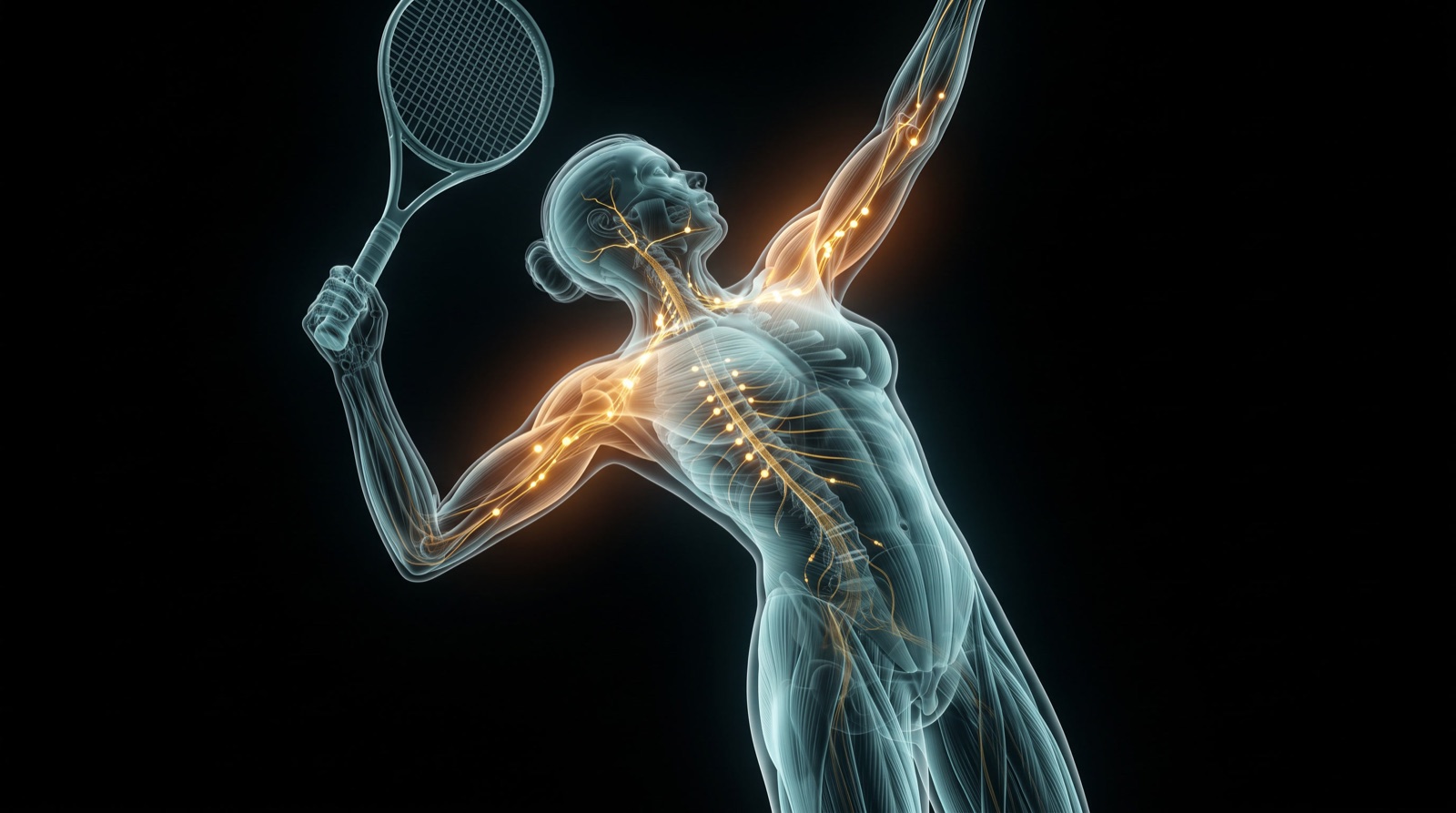Translucent x-ray anatomical figure mid tennis serve with arm raised, teal-blue musculature and gold nerves with a warm amber glow through the shoulder and arm, on a black background